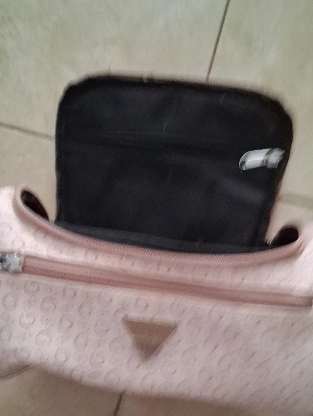 GUESS Blush Pink Monogram Cosmetic Pouch Sturdy canvas logo hold a lot travel